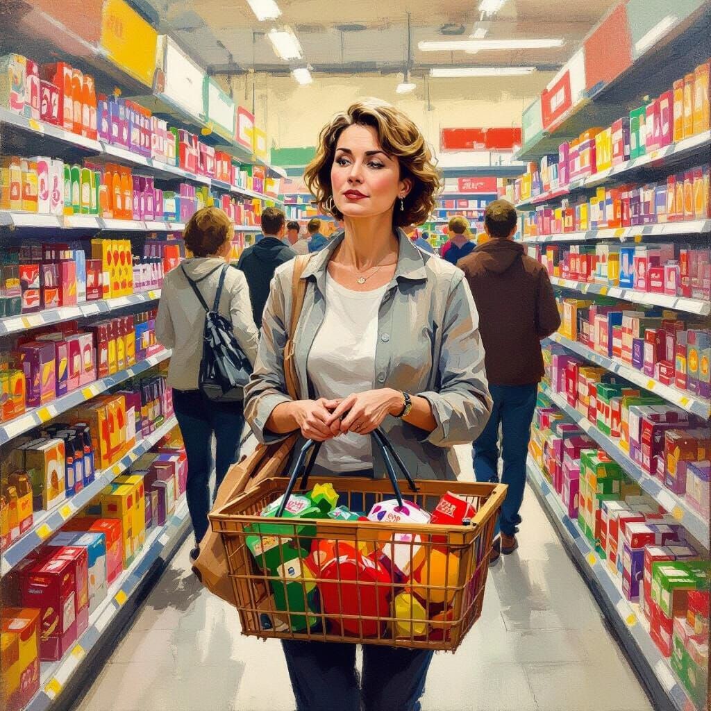 Busy Woman in Crowded Supermarket, Everyday Realism Style