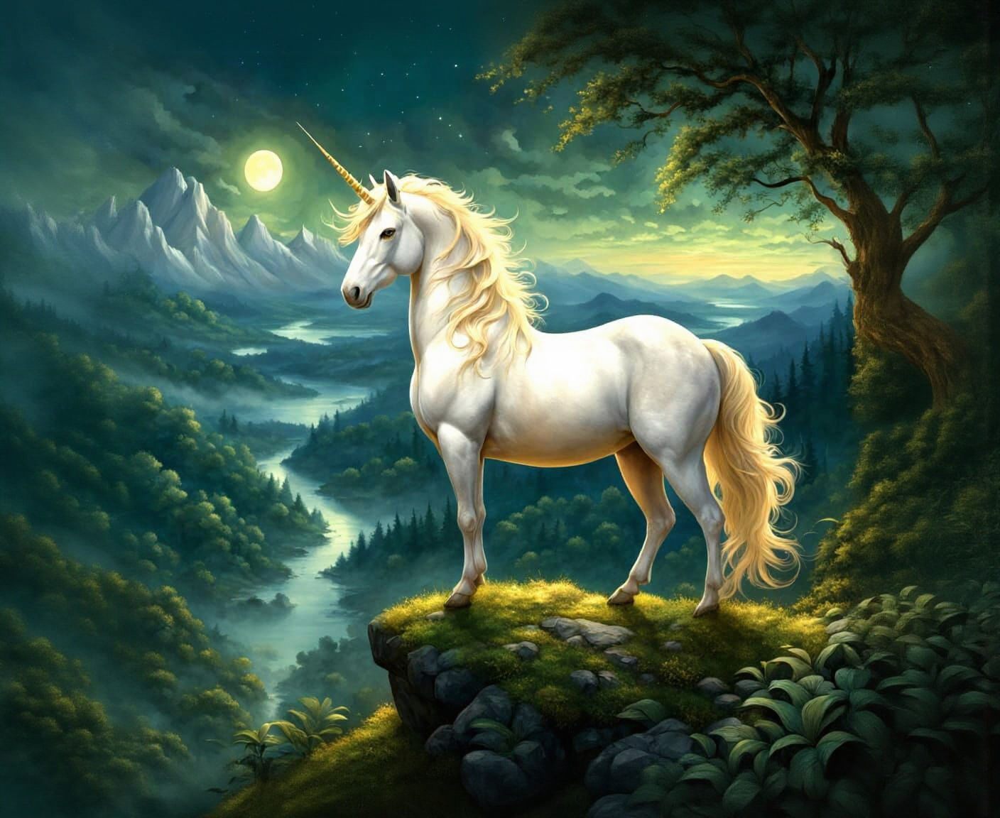 Majestic Unicorn on Hillside Under Moonlight
