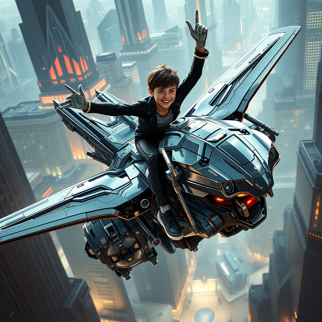 Boy Rides Flying Robot in Futuristic City