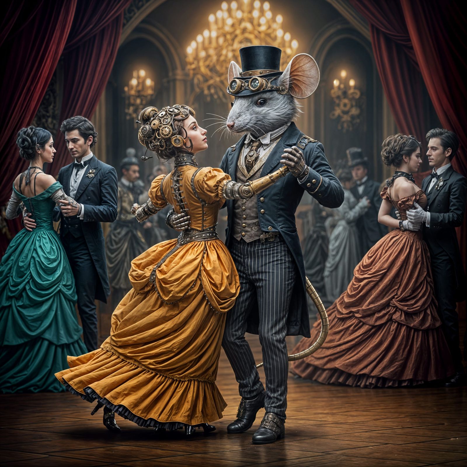 Steampunk Mouse Dances with Robot in Ballroom