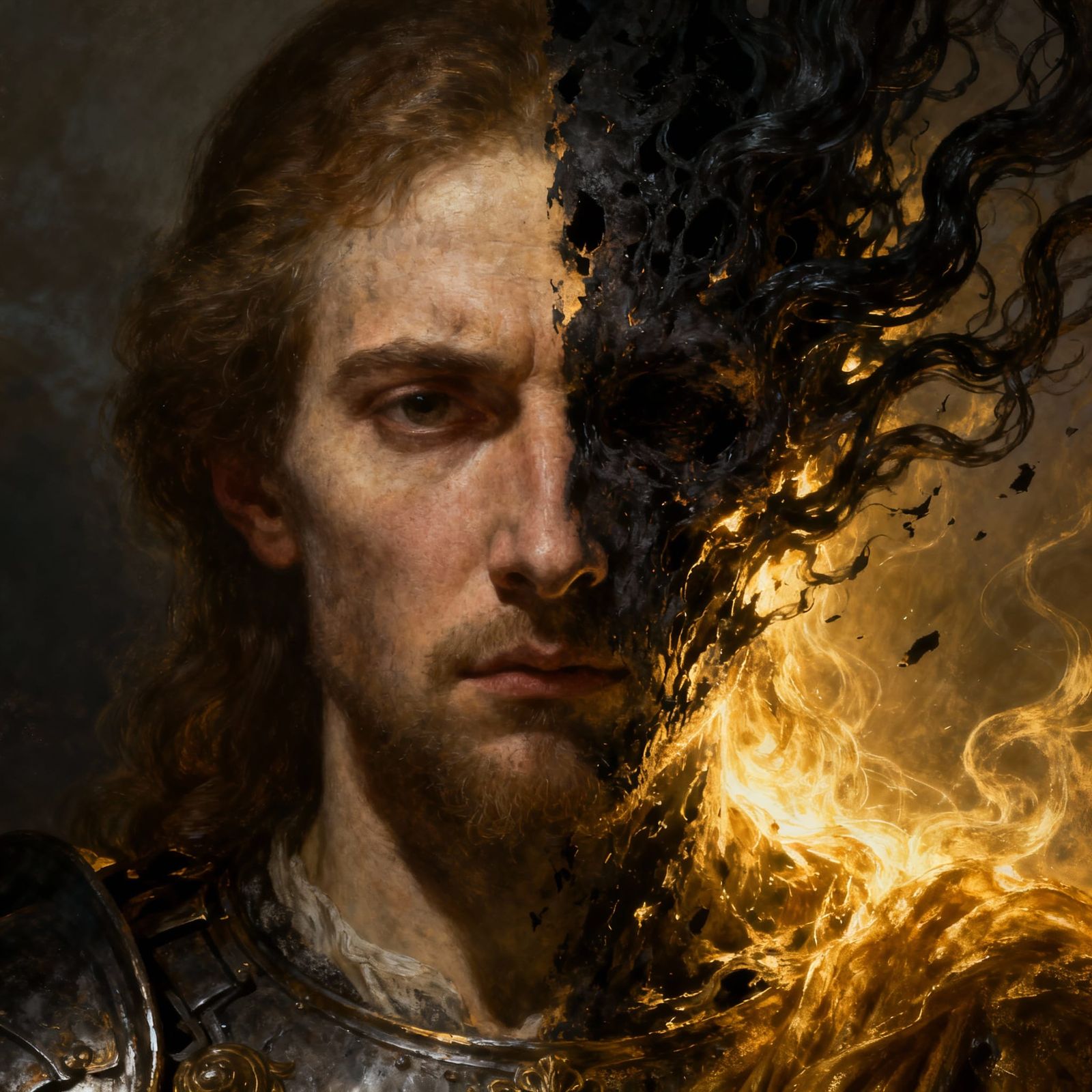 Holy Warrior's Face Erupts in Divine Light and Shadow
