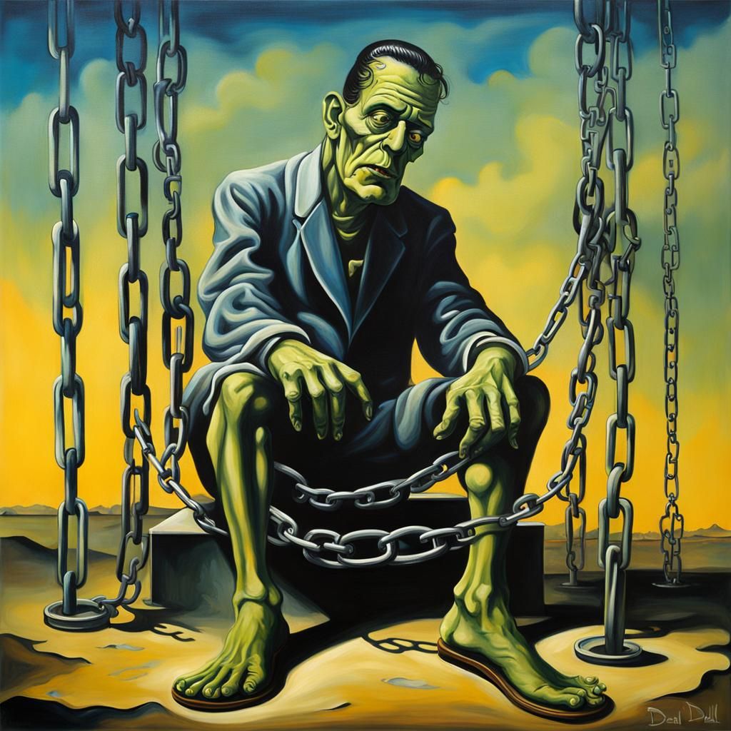 Frankenstein Monster in Chains: Surreal Oil Painting