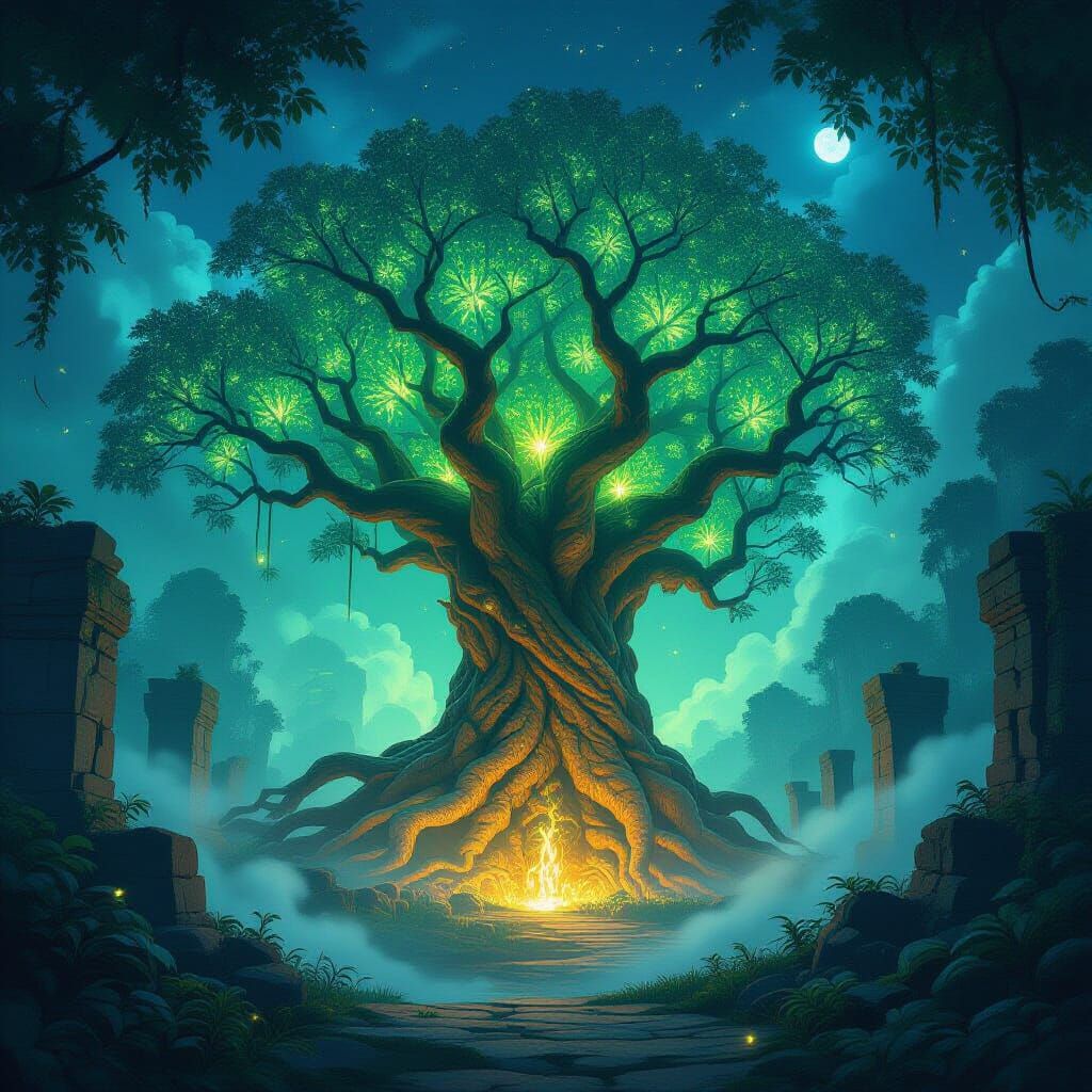 Ancient Bioluminescent Tree in Forgotten Jungle Clearing