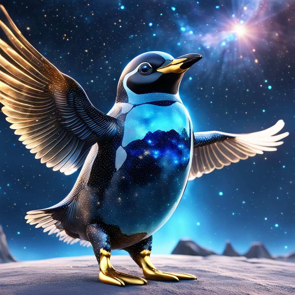 Glass Penguin Flies Through Galaxy: Digital Art