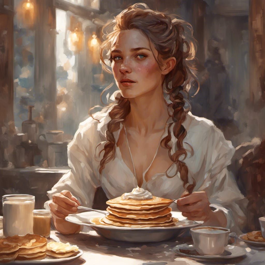 Woman Eating Pancakes: Hyperdetailed Portrait in Artgerm Sty...