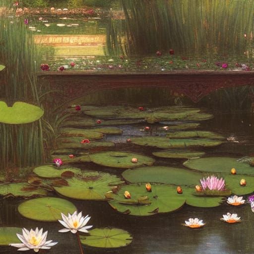 Water Lilies in English Garden: Detailed Matte Painting