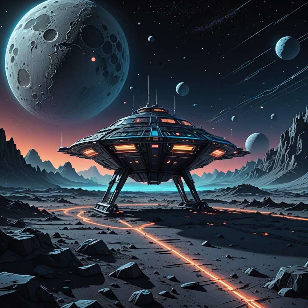 Low-Poly Spaceship Standing on Lunar Landing Pad