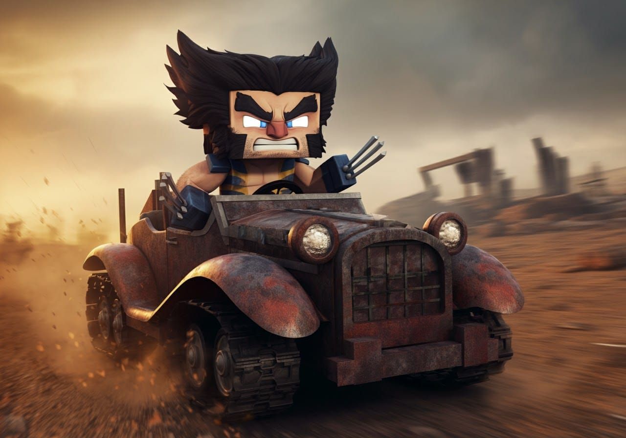 Chibi Wolverine Races in Mad Max Minecraft Style