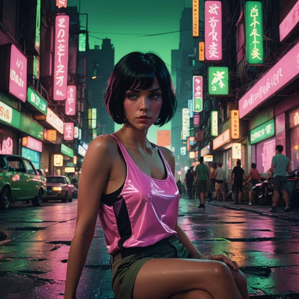 Woman with Green Eyes in Retro-Futuristic City