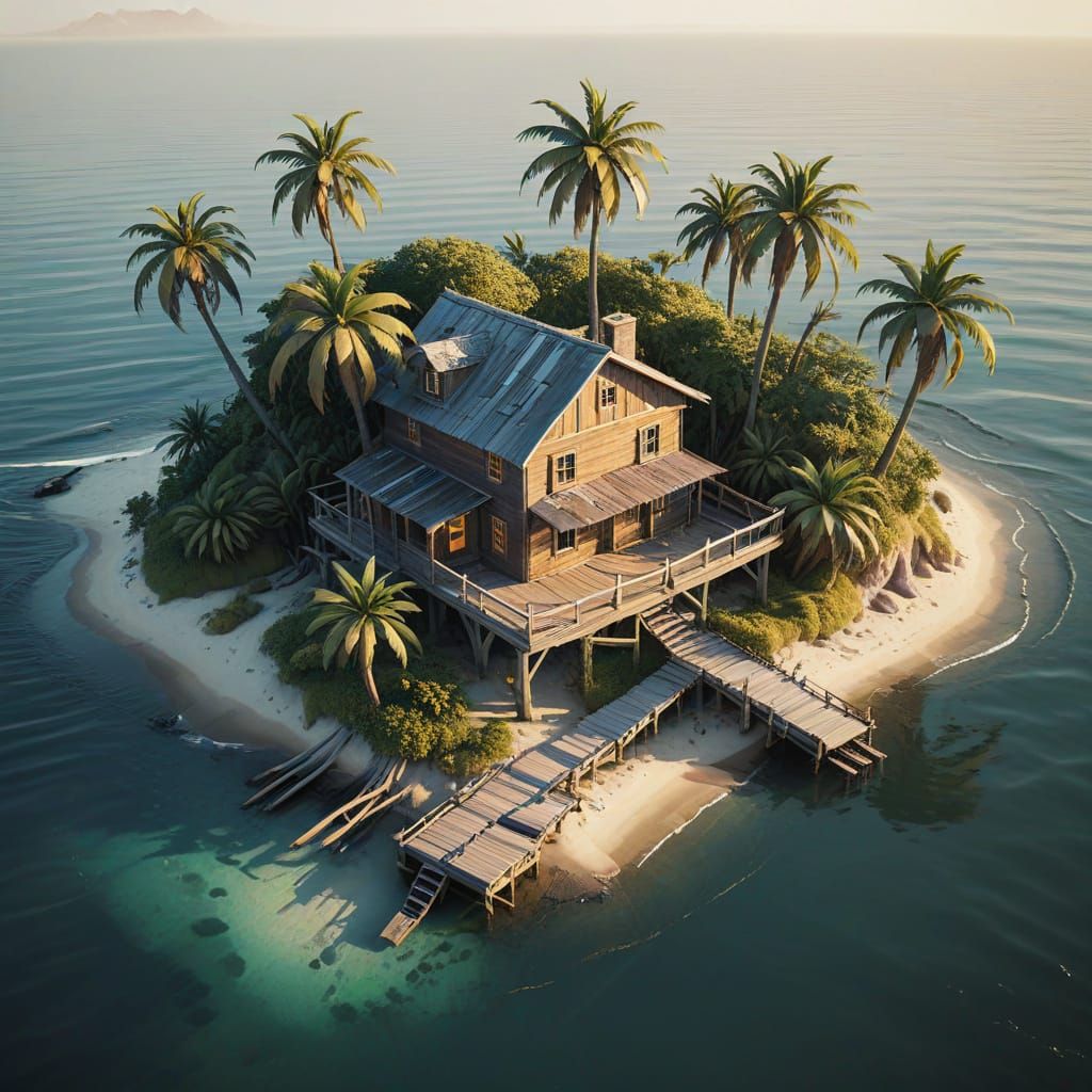 Low-Poly Island House: Serene Oceanic Landscape