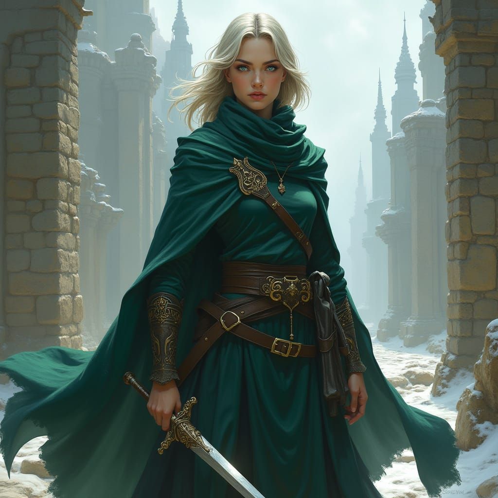 Athletic Fantasy Warrior Mage in Ancient City of Stone