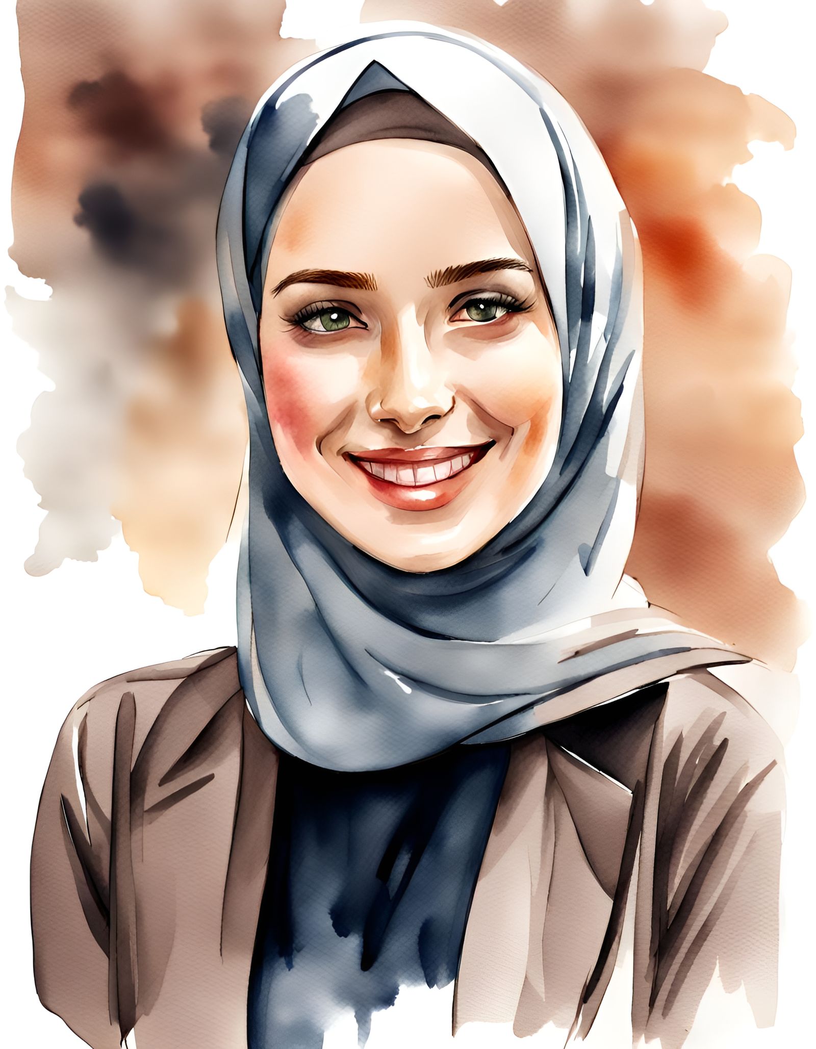 Elegant Smiling Woman in Hijab Watercolor Sketch