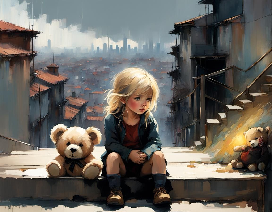 Orphan Girl with Teddy Bear: Matte Painting