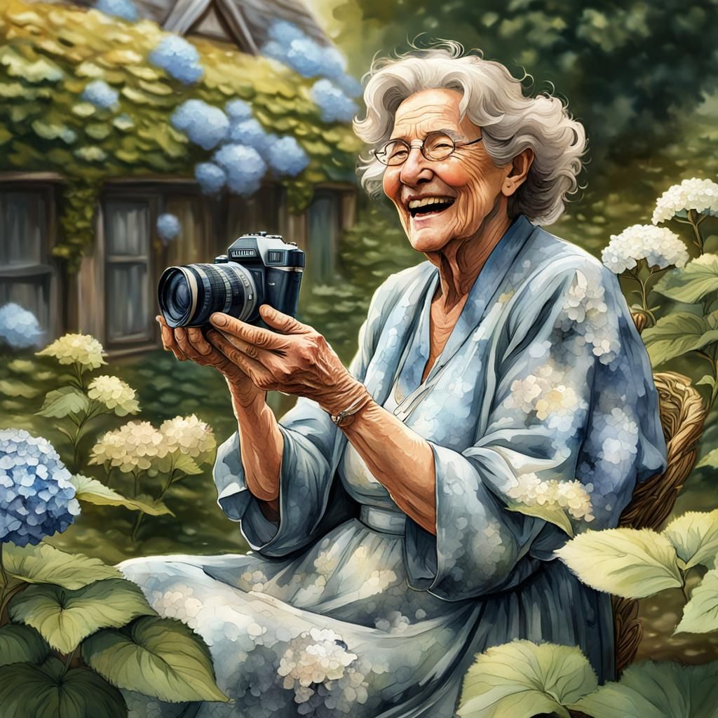 Happy Elderly Couple in Garden as Watercolor Painting