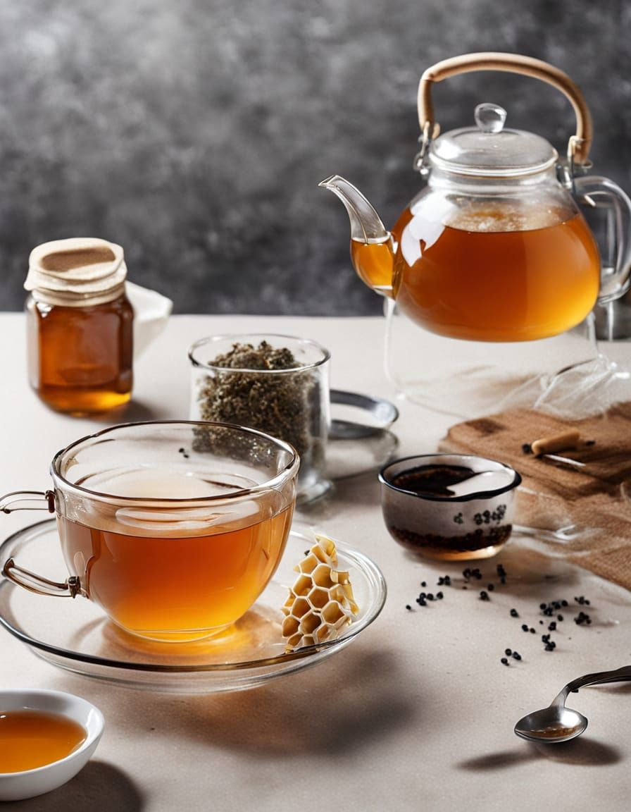 Tea Steeping in a Glass Teapot with Honey Nearby