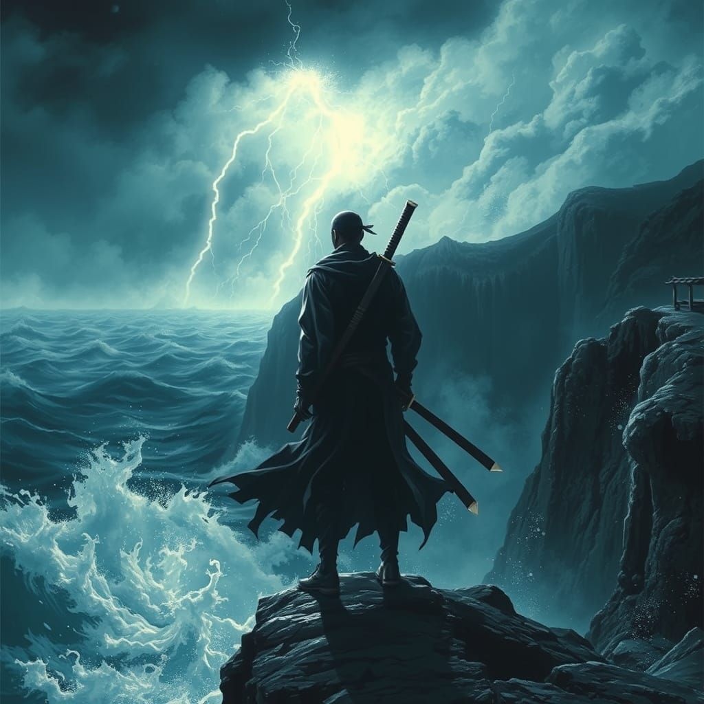 Ninja in Turbulent Stormy Weather, Photorealistic