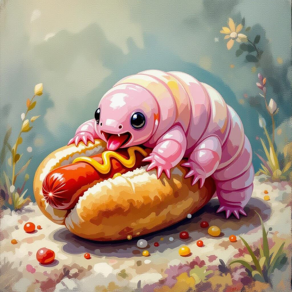 Tardigrade Devouring Hotdog in Watercolour Style