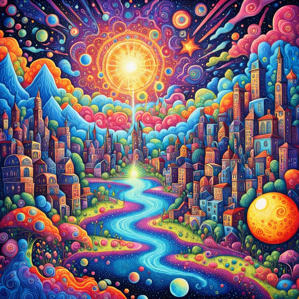 Melting Cityscape in Psychedelic Pop Art Style