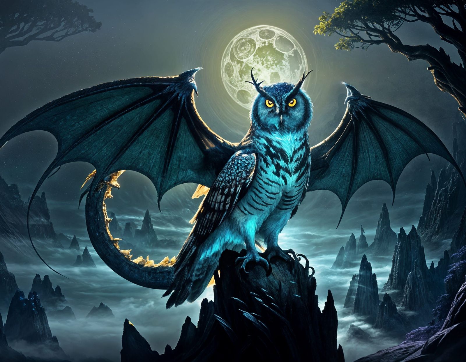 Mystical Owl-Dragon Guardian of the Enchanted Forest