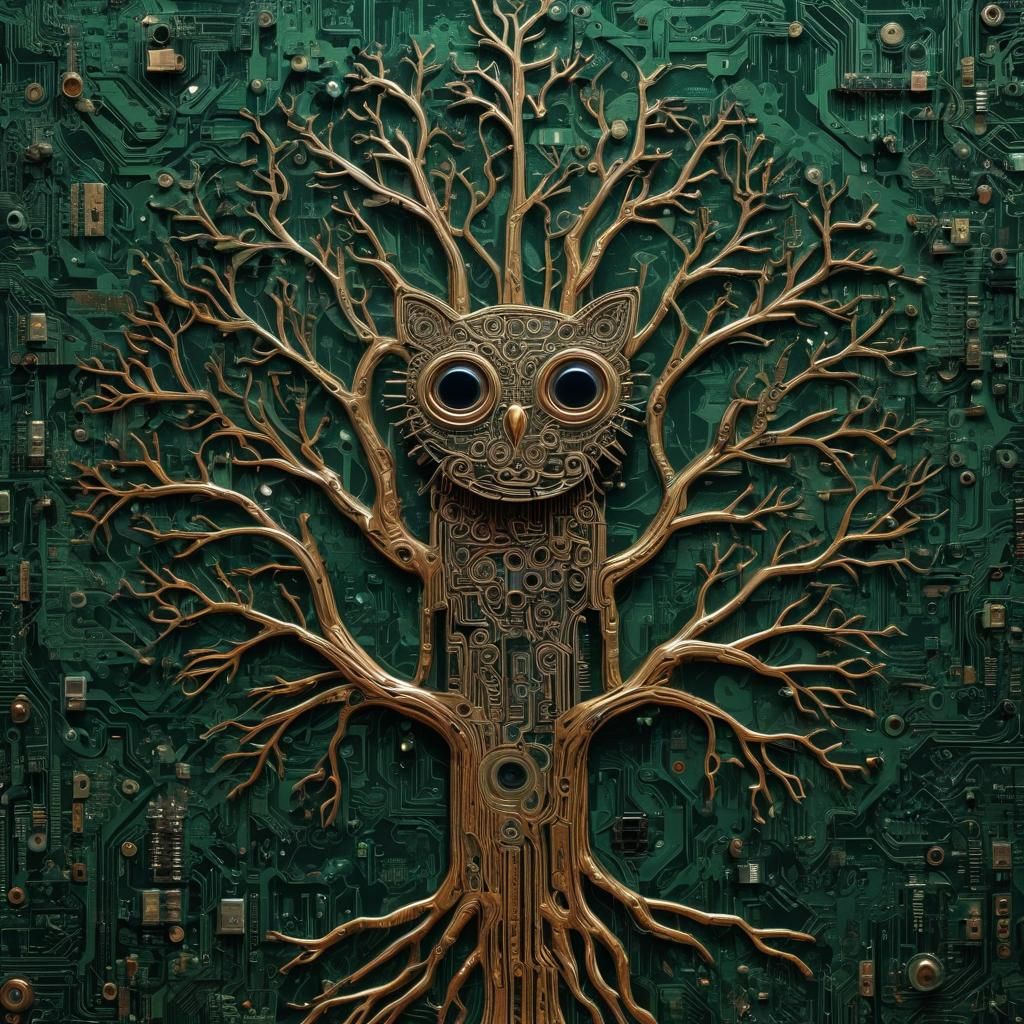 Owl in Circuit Board Tree, Digital Art Style