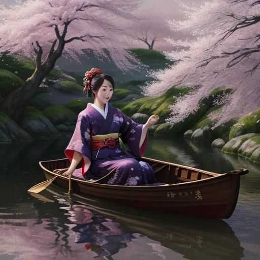 Japanese River Scene with Cherry Blossoms in Art Nouveau