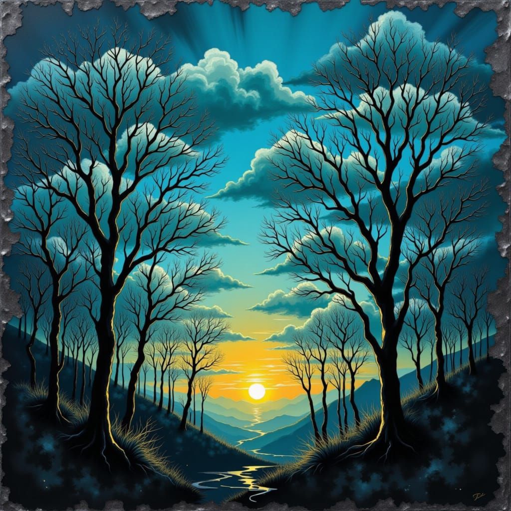 expressionism canvas painting, dark blue silver and copper with molten metal botanical trees plants with special desi...