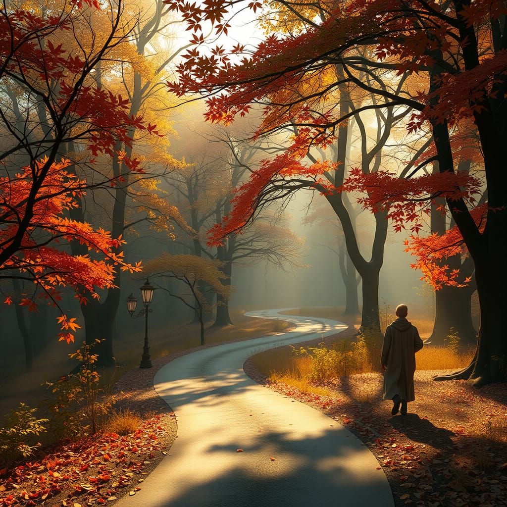 Ethereal Autumnal Forest Path in Hyperrealism