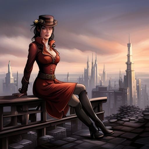 Steampunk Woman on Bridge in Industrial Town