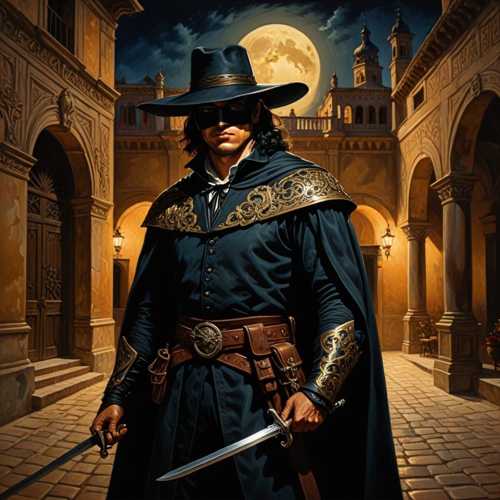 Zorro in Moonlit Courtyard: A Baroque Oil Painting