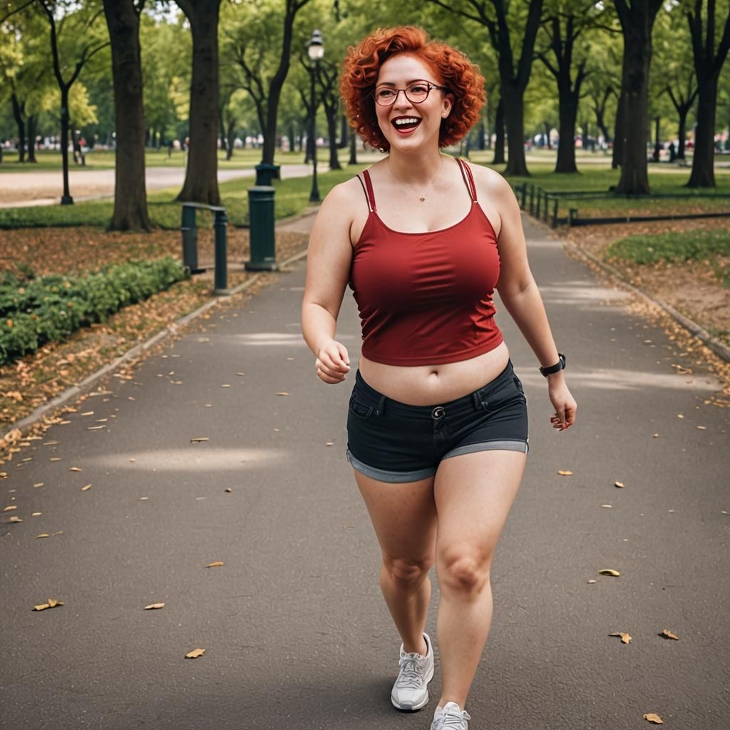 Woman Runs in Park: Short Shorts, Red Top