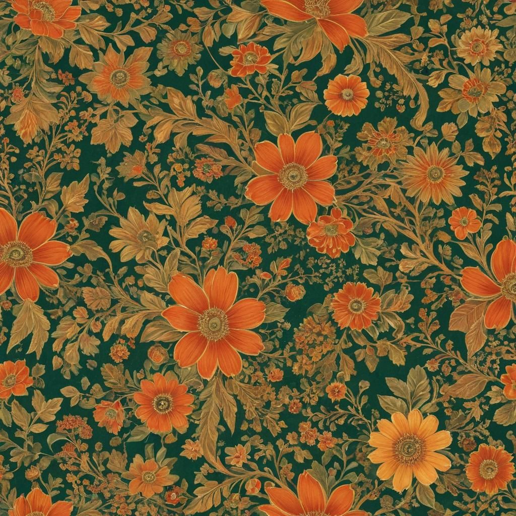 Klimt-Inspired Floral Motif in Gold, Orange, and Green