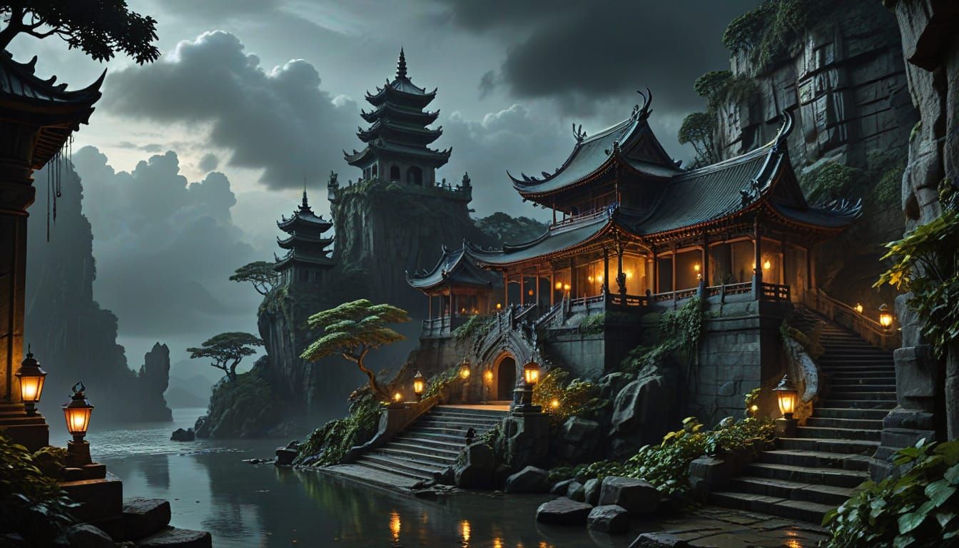 Ancient Asian Temple with Dragon Statues and Lantern Glow