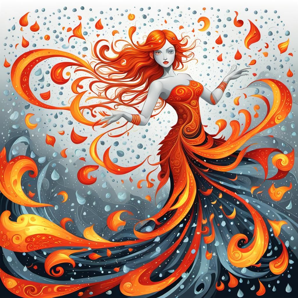 Fire Fairy Dancing in Rain with Fractal Elements