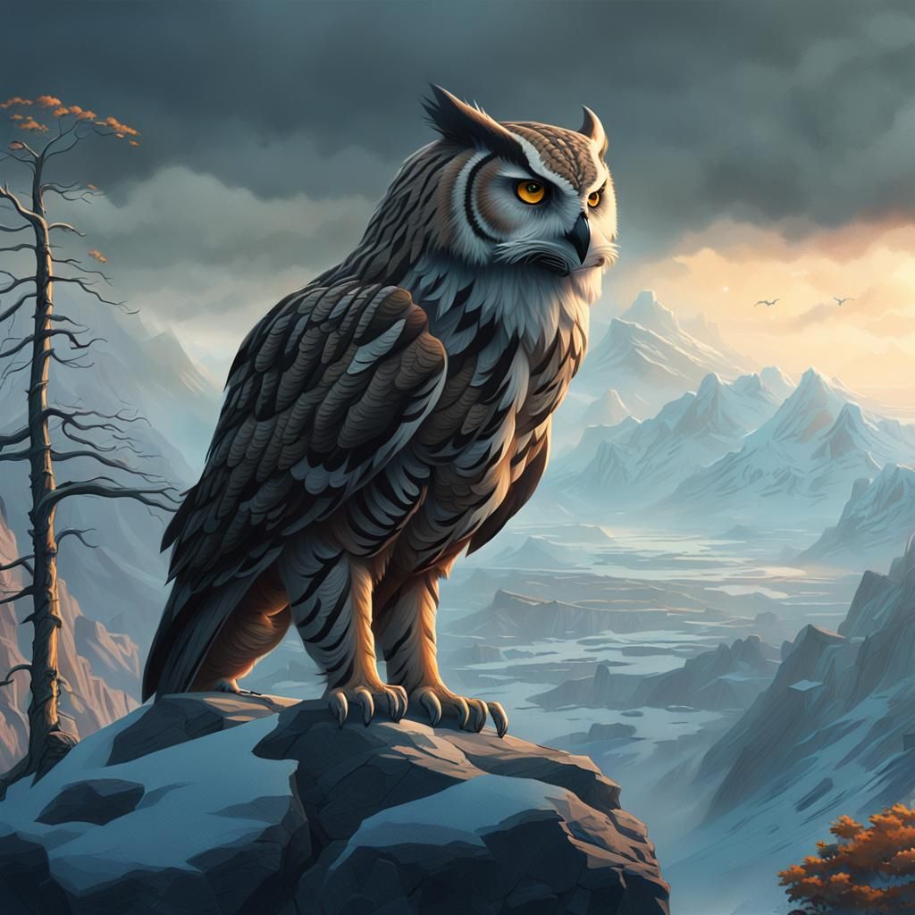 Owl-Tiger Hybrid in a Misty Landscape