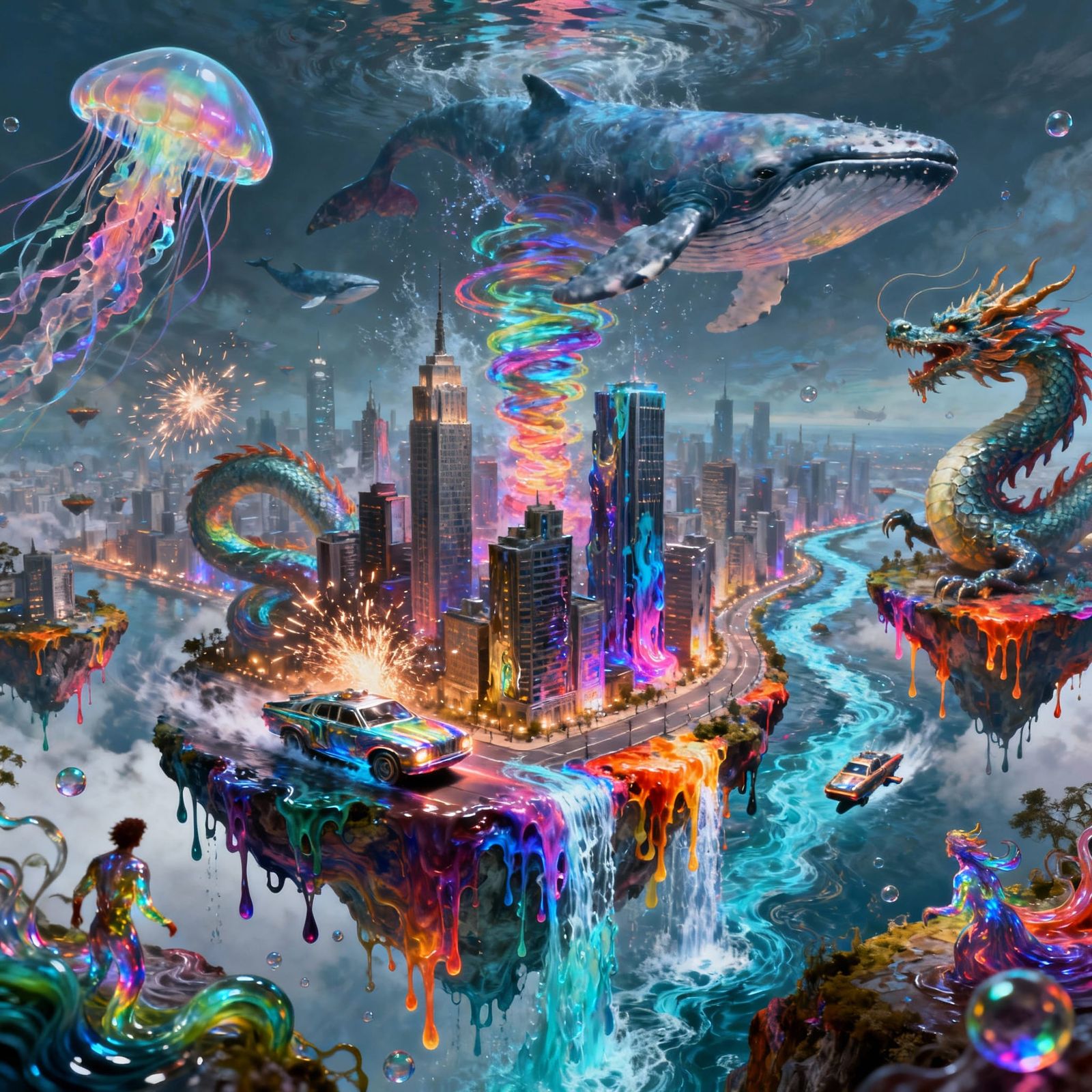 Hyper-Surreal Liquid Cityscape with Fluid Dragons