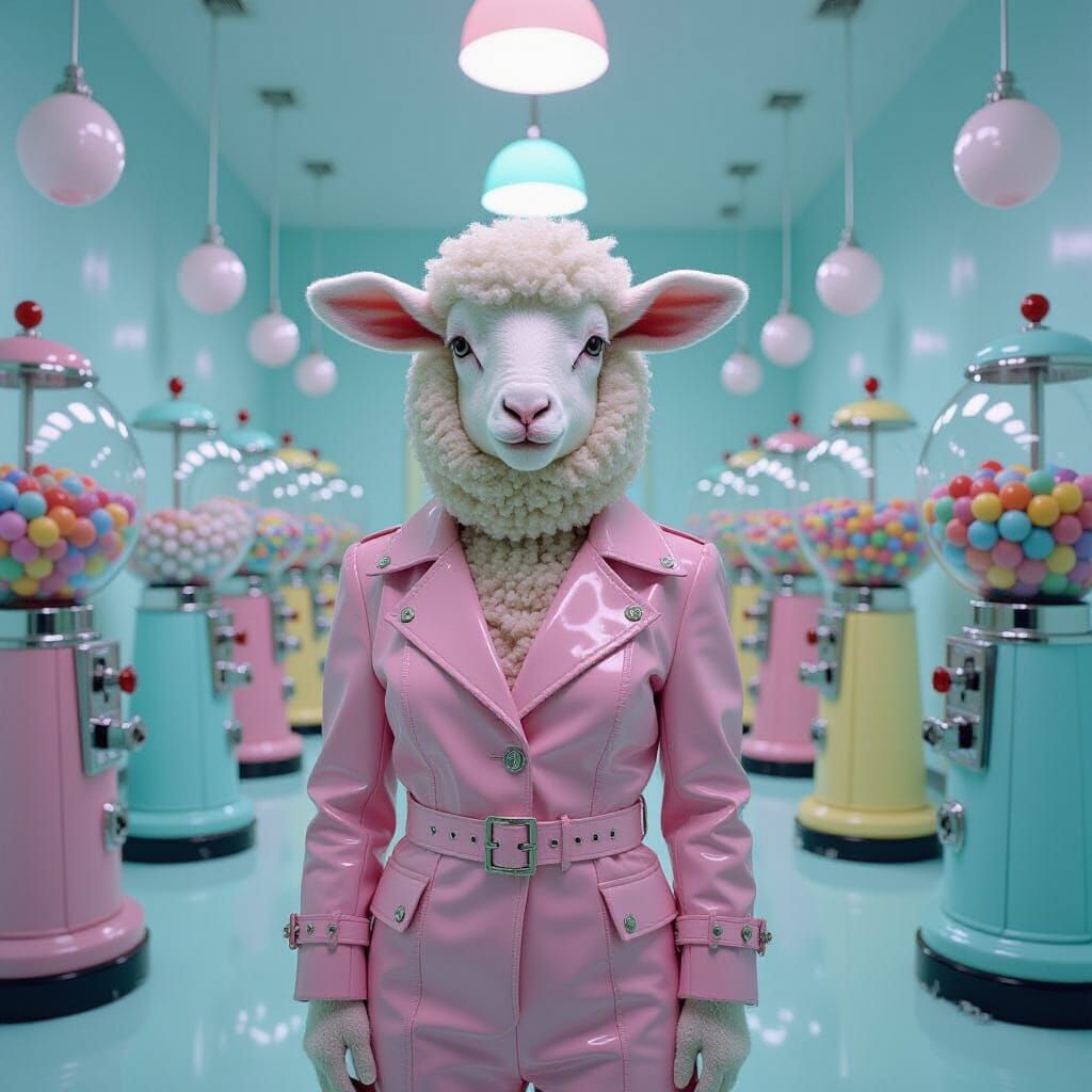 Lamb Hybrid in Absurdist Pop-Art Gallery