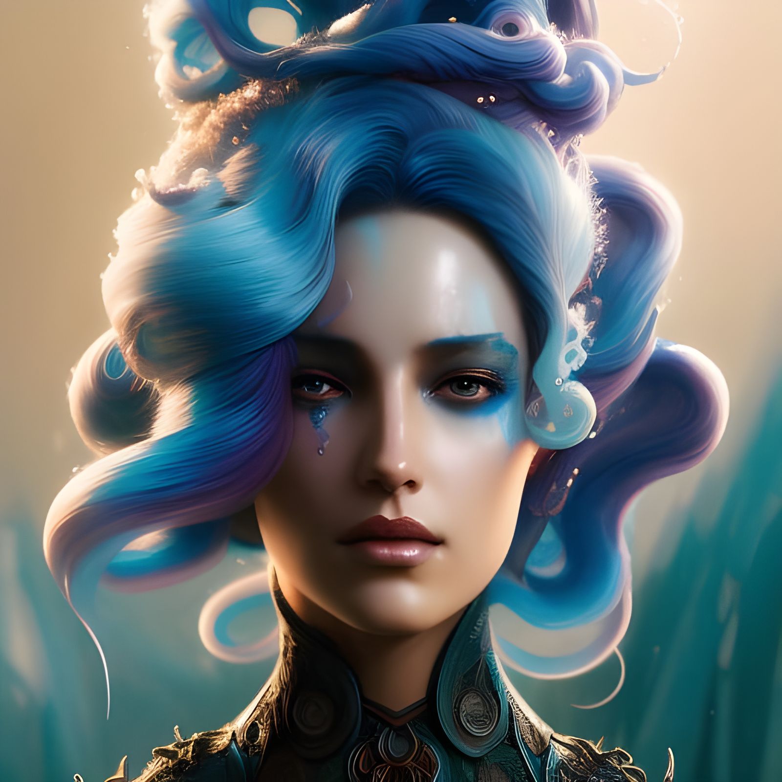 Blue Tentacle Girl Portrait in Detailed Gouache Style