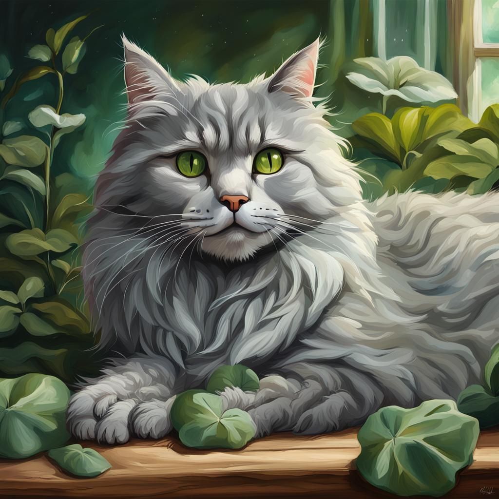 Fluffy Grey Cat on Silk Sheets: Hyperrealistic Splash Art