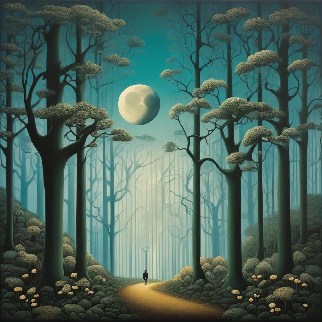 Surreal Moonlit Forest Scene in Magritte Style