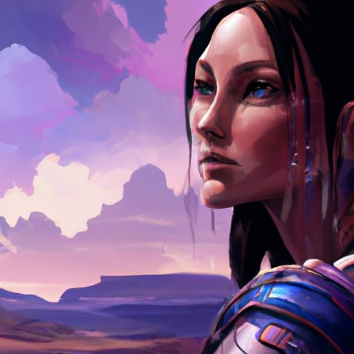 Hyperdetailed Portrait with Violet Sky and Blue Hills
