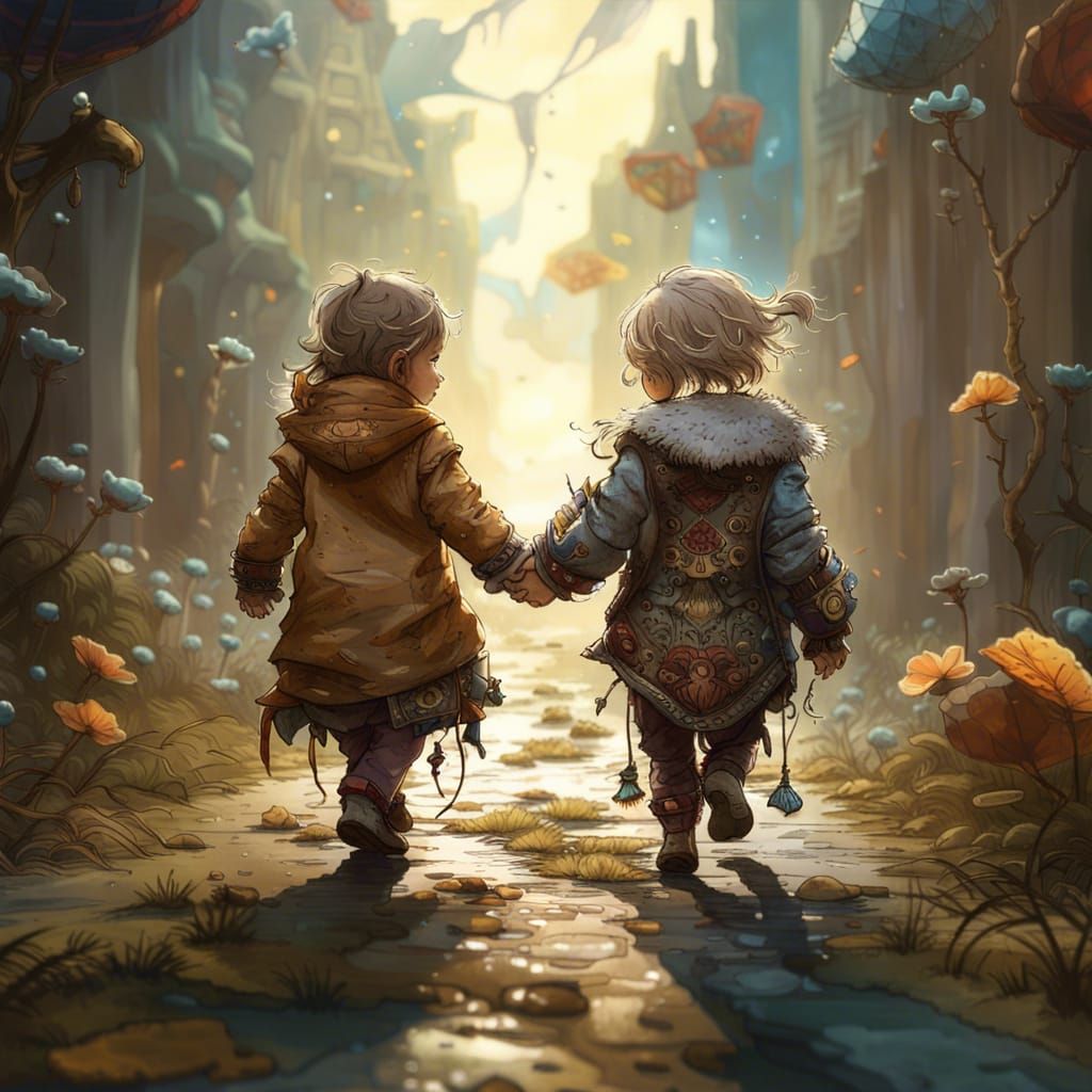 Toddlers Holding Hands in Fantasycore Artwork