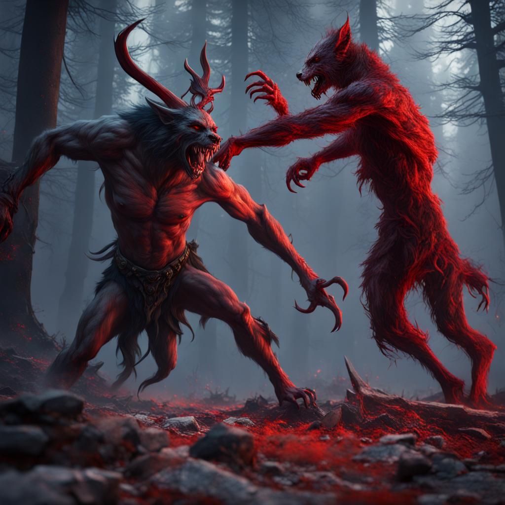 Wendigo vs Red Werewolf: Detailed Fantasy Concept Art