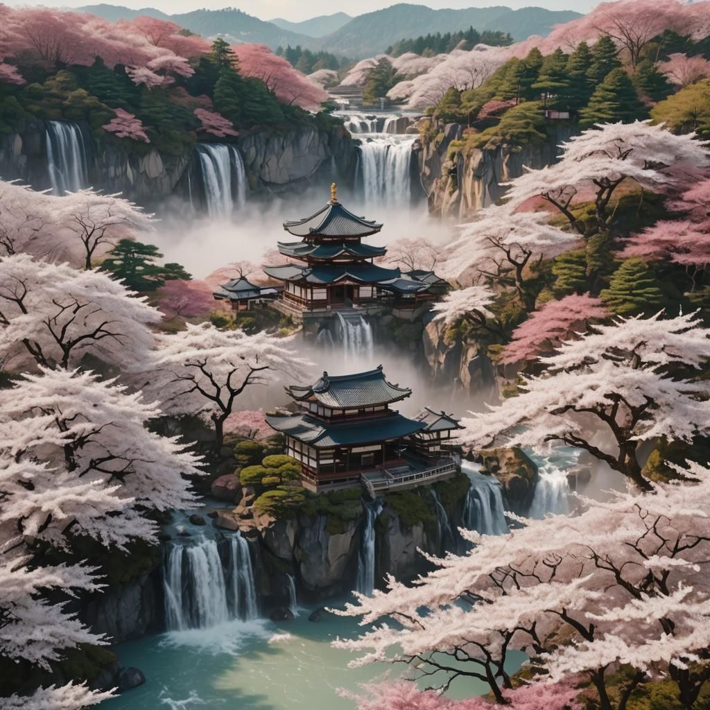 Floating Japanese Island Temple in Cinematic Style