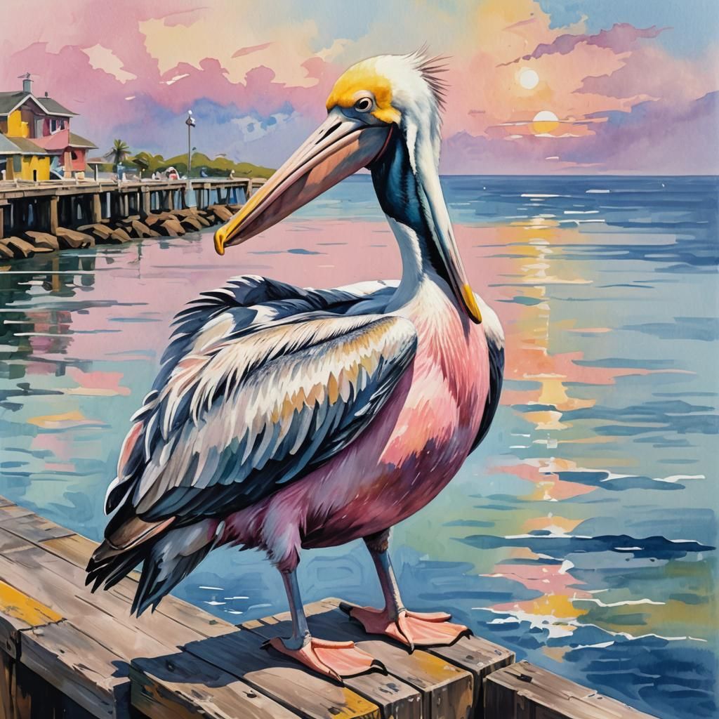 Pelican on Pier in Gouache Style Impressionist Painting