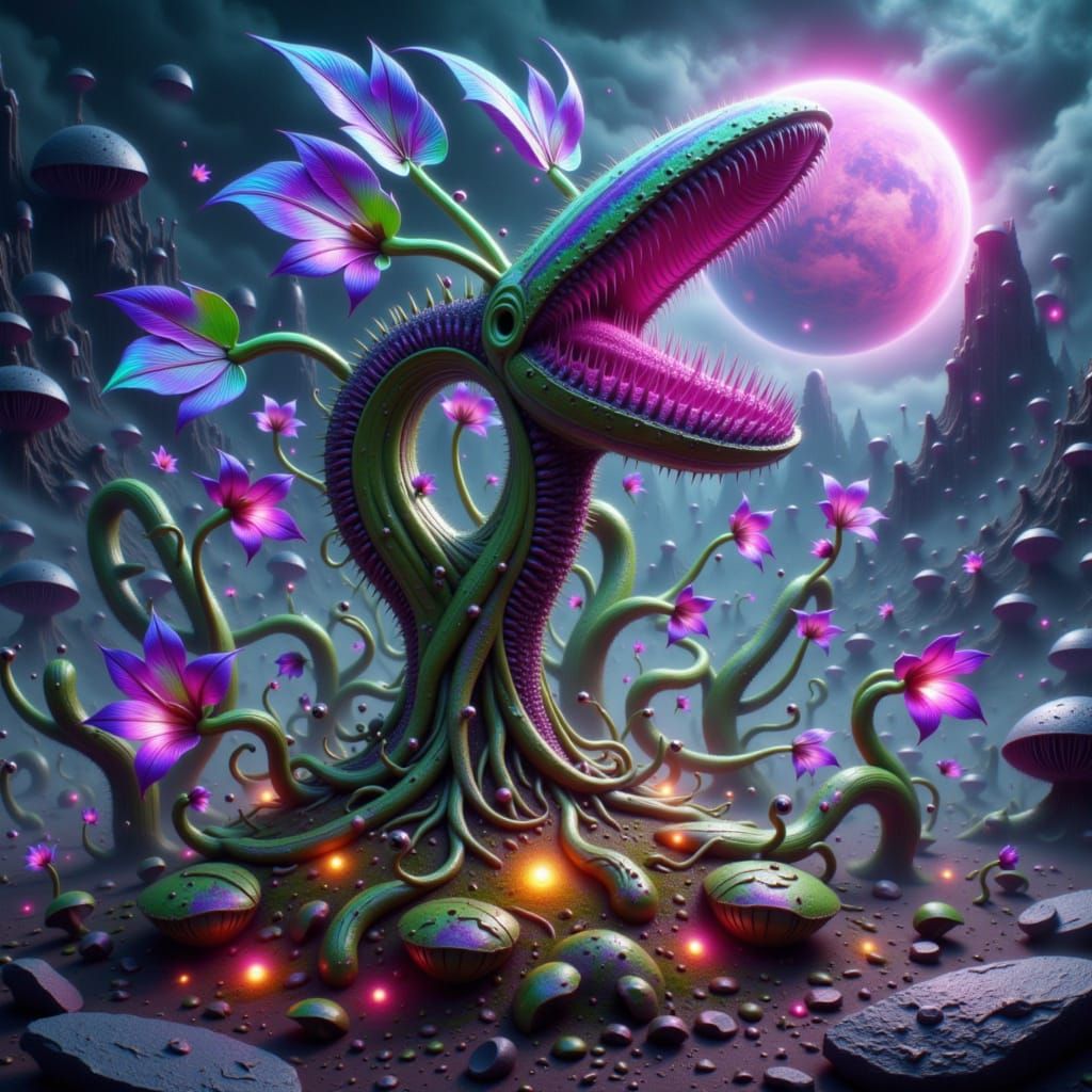 Iridescent Alien Flora in Futuristic Landscape