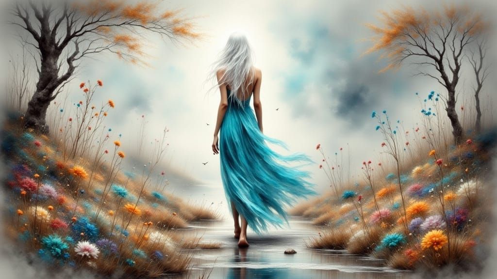 Elegant Woman in Surreal Landscape - Watercolor Style