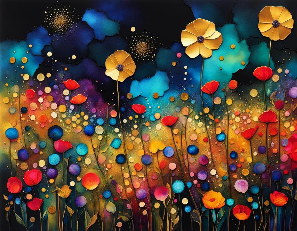 Cubist Flower Field at Night in the Rain