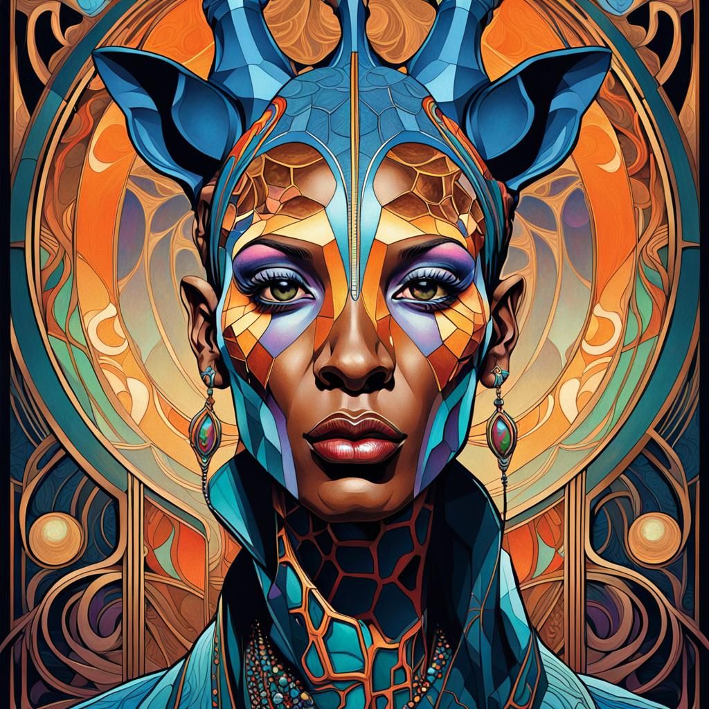 Art Nouveau Giraffe-Human Portrait in 8K