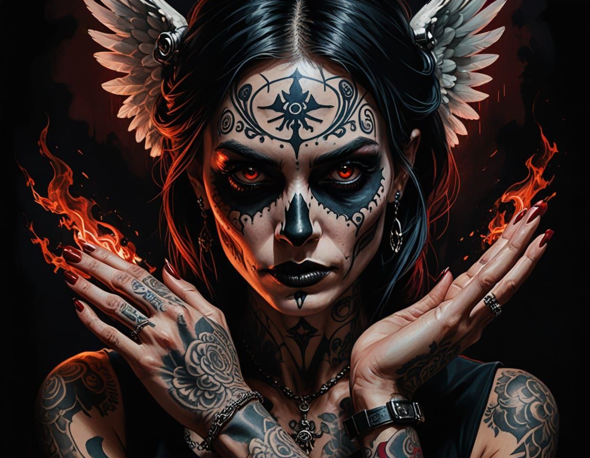 Tattooed Gangster Woman in American Gothic Style