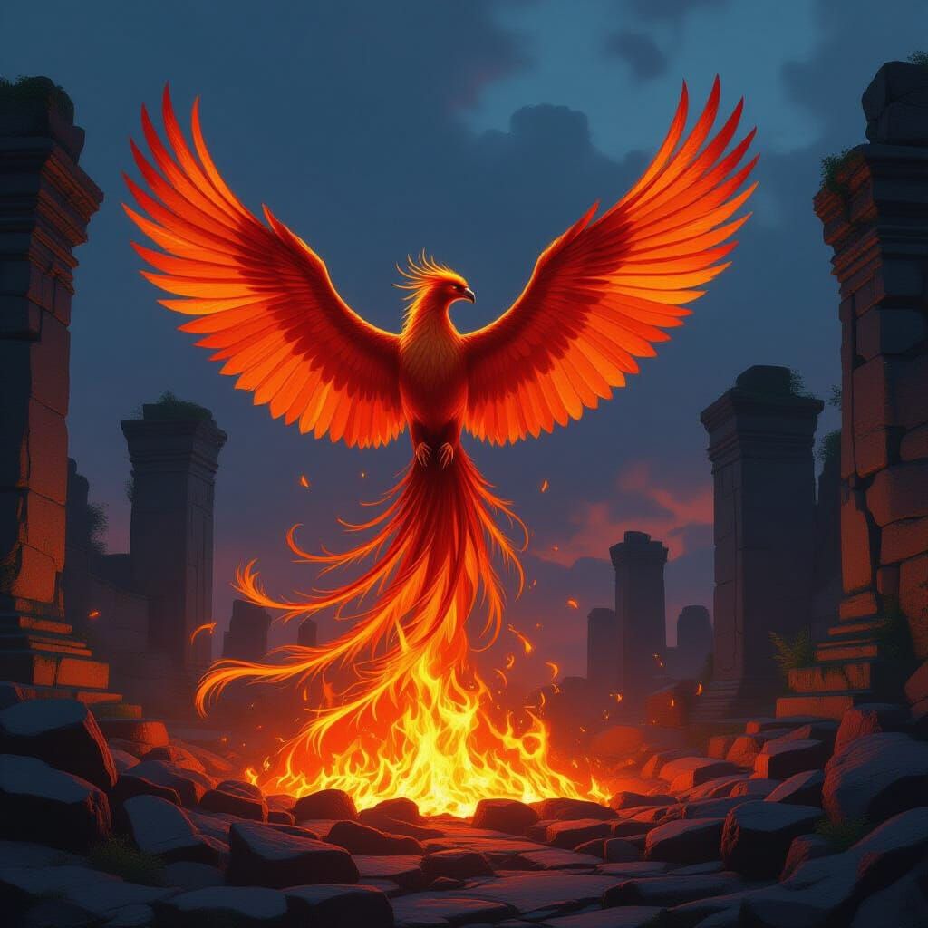 Majestic Phoenix Rises From Embers in Fantasy Ruins